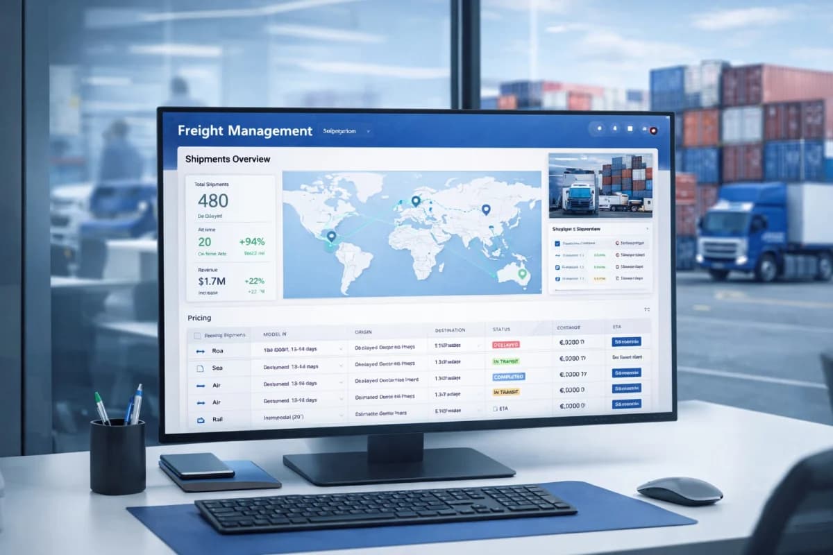 Modern logistics office showing a freight management dashboard with shipment routes on a world map