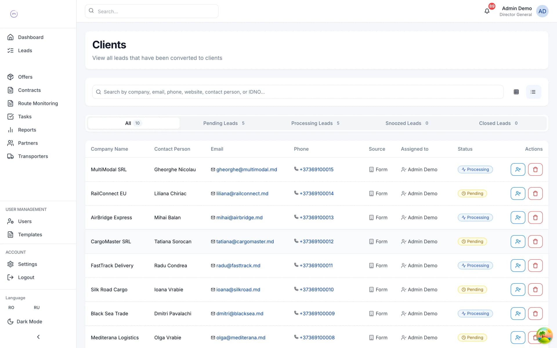 LogiCRM clients pipeline with lead-to-client lifecycle