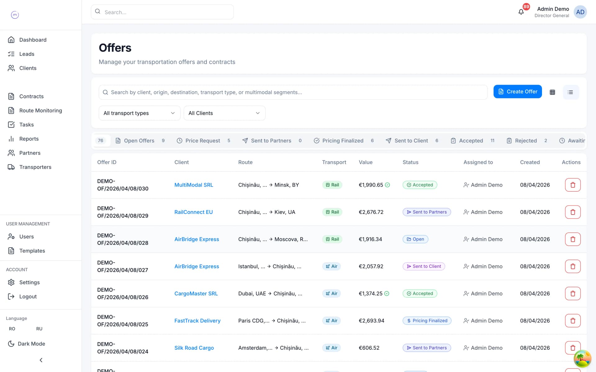 LogiCRM offers list with multimodal pricing pipeline