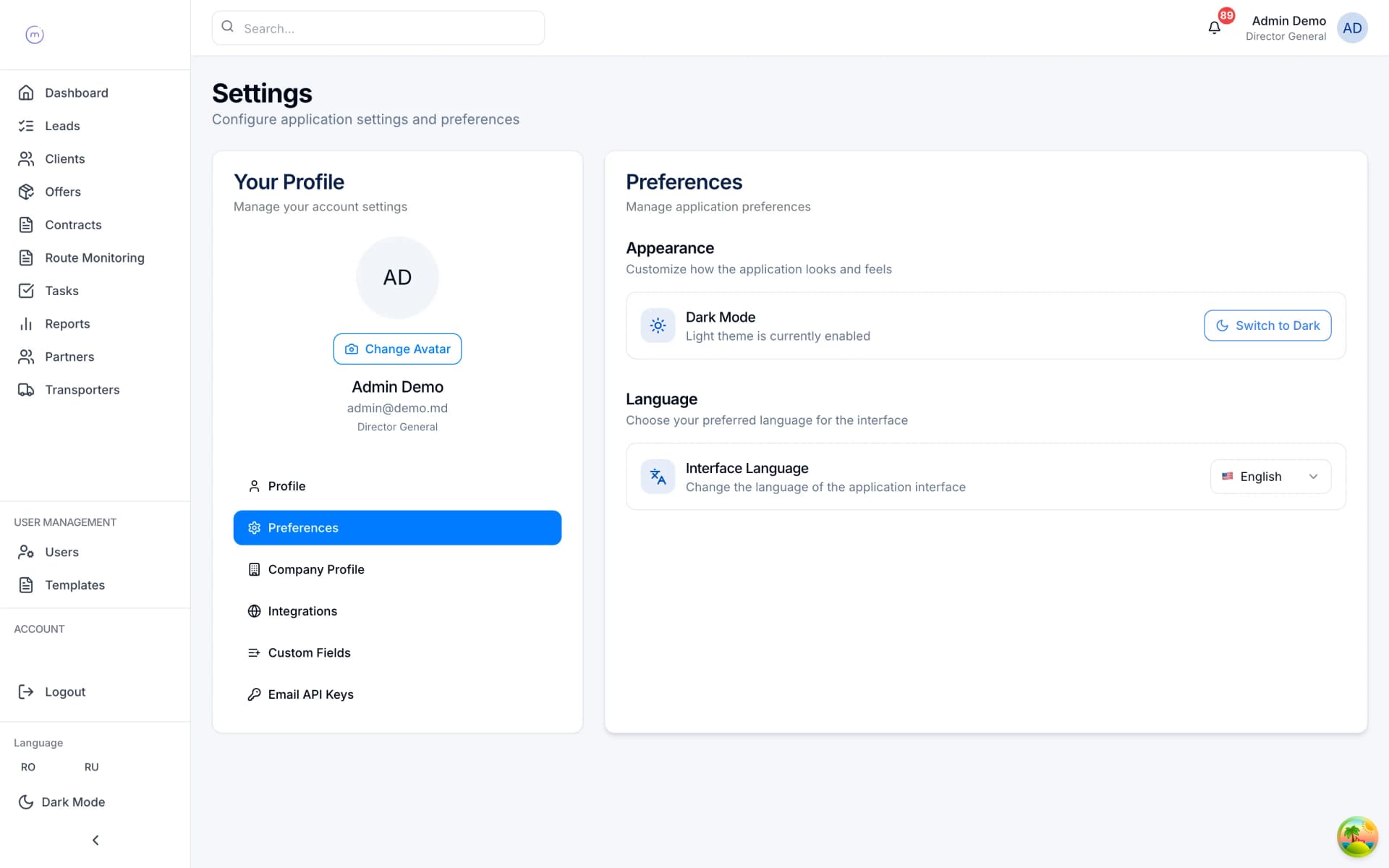 LogiCRM language and locale preferences