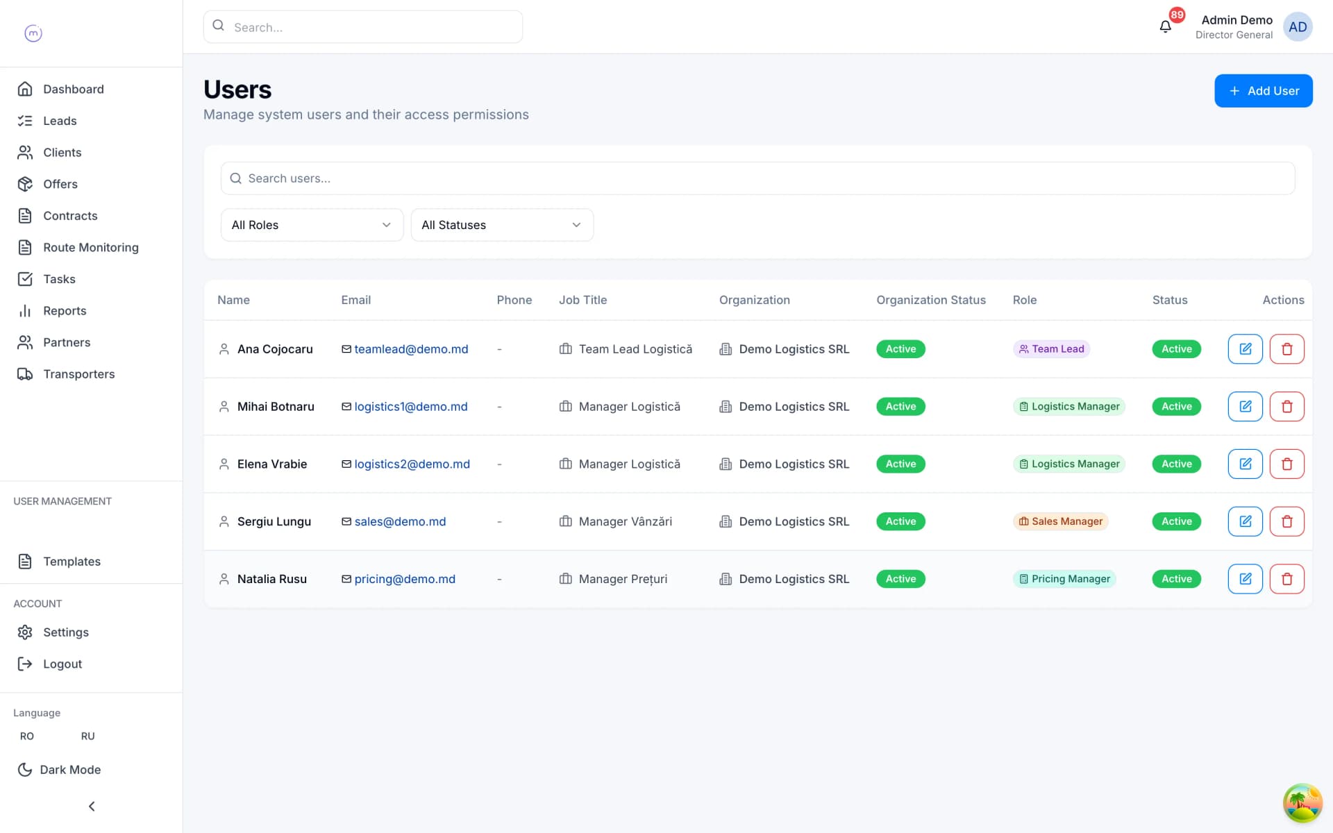 LogiCRM users, roles and permissions